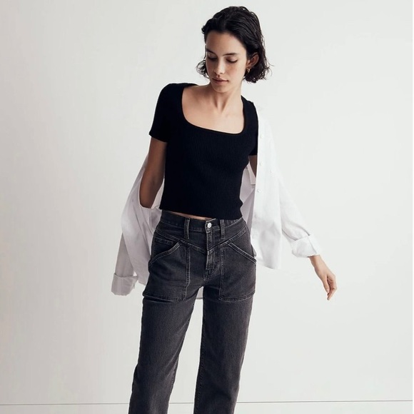 2 Madewell Square-Neck Crop Sweater Tee Black & White Size S - Picture 4 of 9